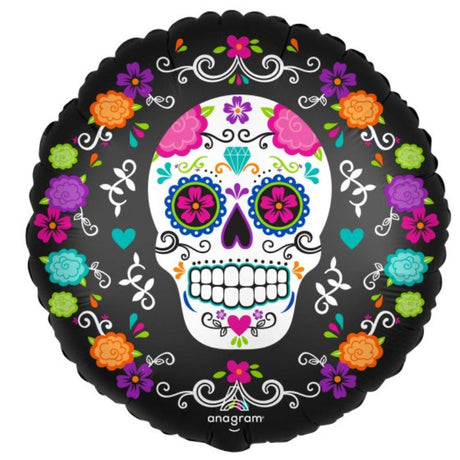 Colorful 45cm satin sugar skull balloon with marigolds, perfect for themed celebrations and lasting party decor.