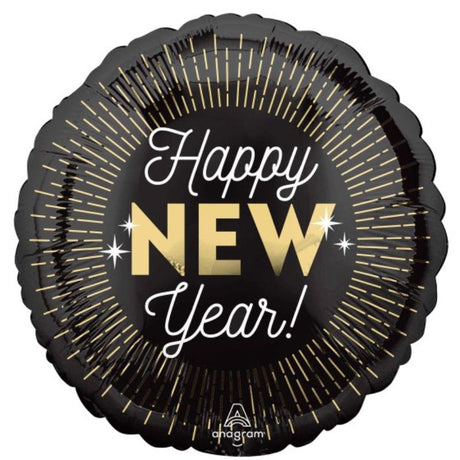 Self-sealing 45cm foil balloon with elegant "Happy New Year" design, perfect for festive celebrations and parties.