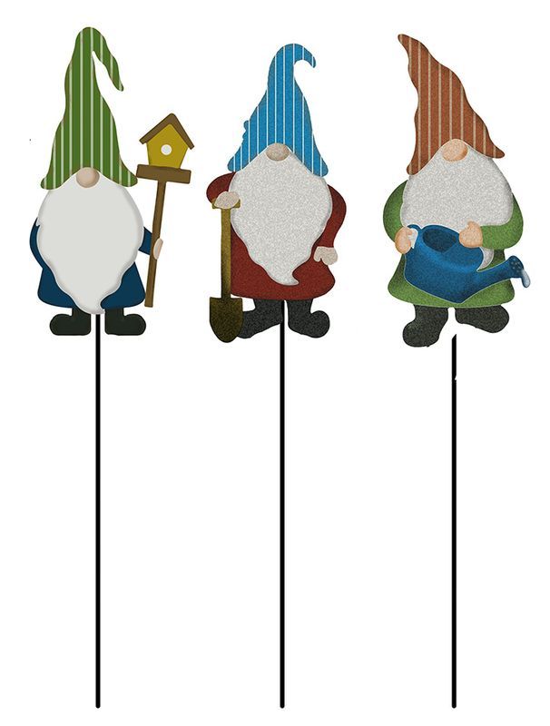 Colorful metal gnome garden stakes, 83cm tall, set of 12, adding whimsical charm to outdoor spaces.