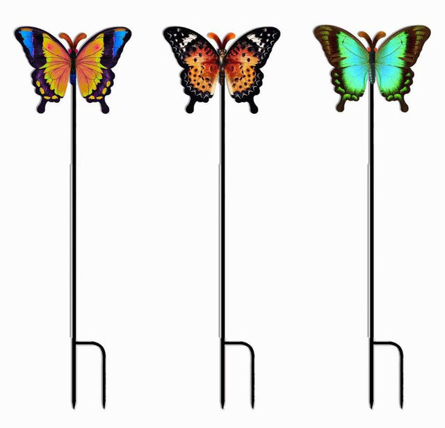 Vibrant metal butterfly garden stakes, 56cm tall, set of 12 assorted designs for colorful outdoor decoration.