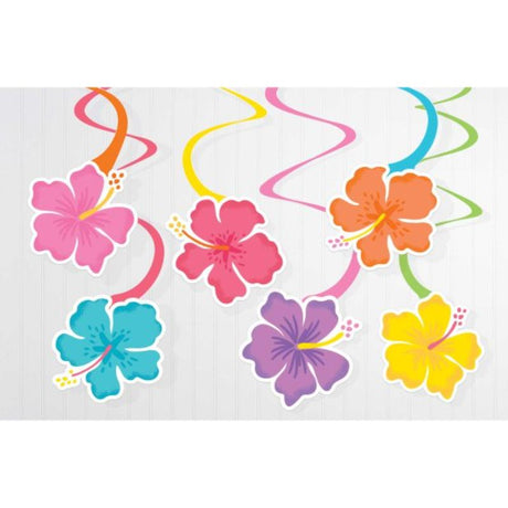 Vibrant pack of 12 Summer Hibiscus Spiral Swirls, perfect for tropical-themed decorations and summer parties.