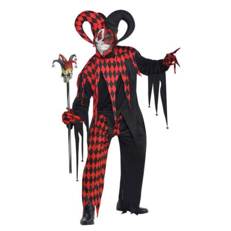 Vibrant jester costume including shirt, trousers, gloves, latex mask, and hat, perfect for Halloween festivities and themed events.