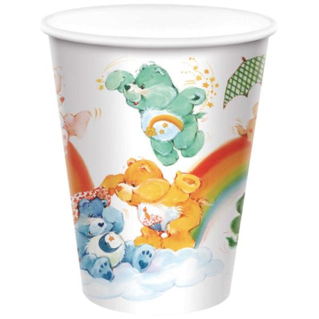 Colorful Care Bears paper cups, 9oz, perfect for kids' parties, featuring cheerful designs and eco-friendly material. Pack of 8.