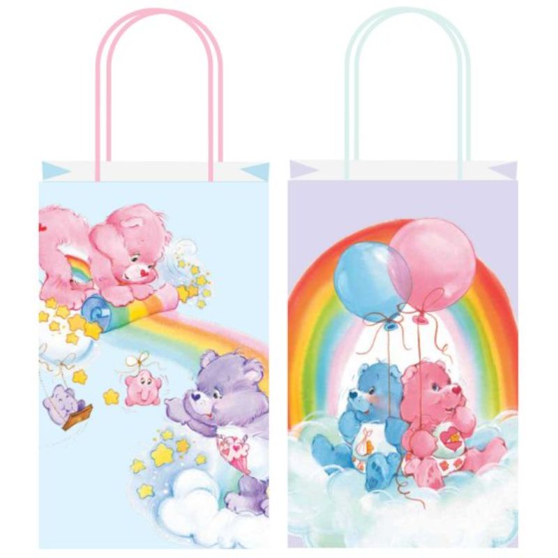 Colorful Care Bears paper kraft bags pack of 8, perfect for gifts and party favors, eco-friendly and nostalgic design.