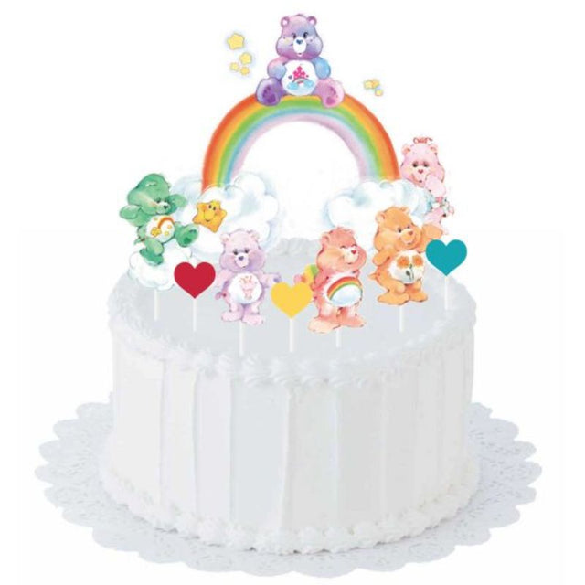 Colorful Care Bears cake topper picks set of 12 for festive birthday celebrations, featuring large, medium, and small designs.