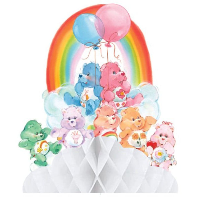 Vibrant Care Bears honeycomb centerpiece, 27cm x 33cm, perfect for adding whimsy to parties and celebrations.