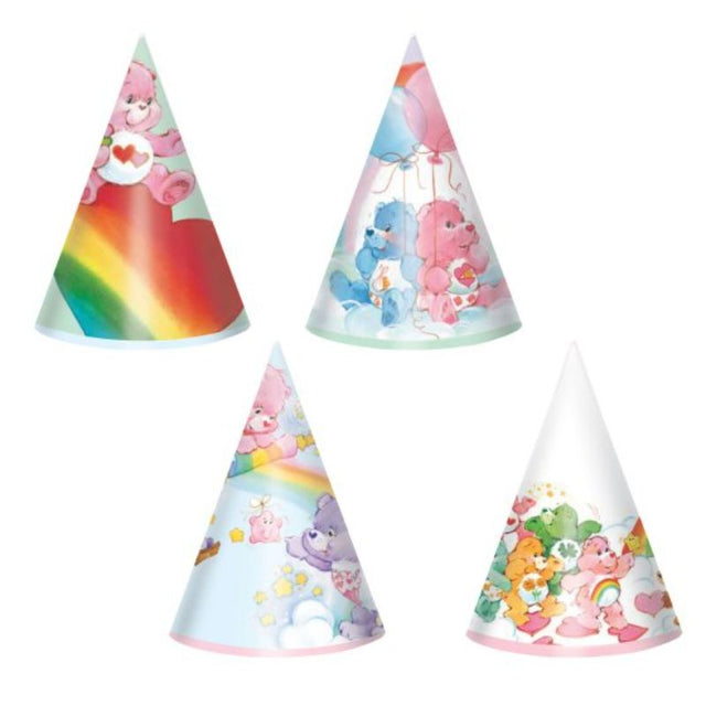 Colorful Care Bears mini cone hats pack of 8, perfect for vibrant children's parties and themed celebrations.