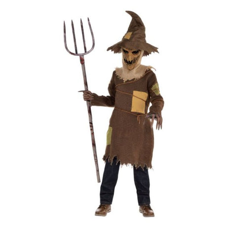 Boys' Scary Scarecrow costume with tunic, belt, gloves, foam mask, and hat for Halloween fun and spooky trick-or-treating.