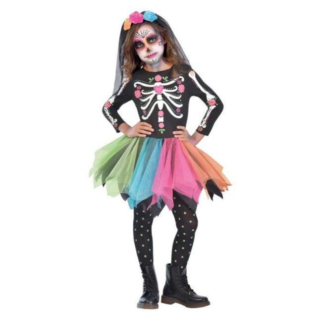 Vibrant Mexican Sugar Skull costume for girls, featuring a decorative dress, elegant veil, and matching headband.