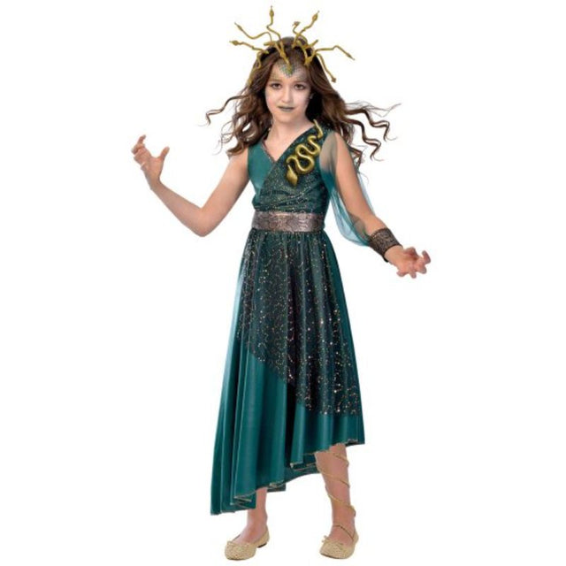 Girls' Medusa costume features a snake-patterned dress and headband, perfect for Halloween and dress-up fun.