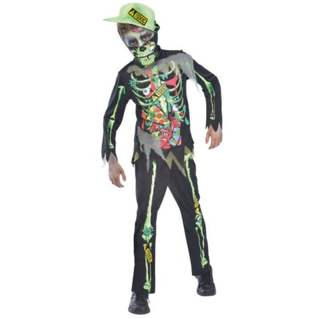 Boy in Toxic Zombie costume with top, trousers, hat, and mask, perfect for Halloween parties and themed events.