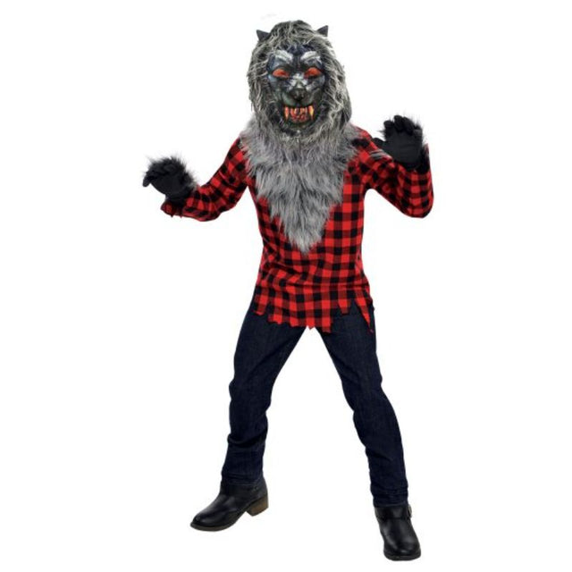 Costume for boys 10-12, featuring fur top, mask, and gloves for a fierce beast look, perfect for Halloween and dress-up fun.