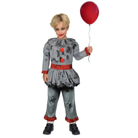 Colorful Bad Clown costume for boys 6-8, featuring a playful design with top, skirt, belt, collar, and trousers. Perfect for Halloween.