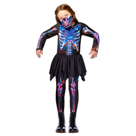 Stylish skeleton costume for girls aged 4-6, includes jumpsuit and mask for Halloween fun and comfort.