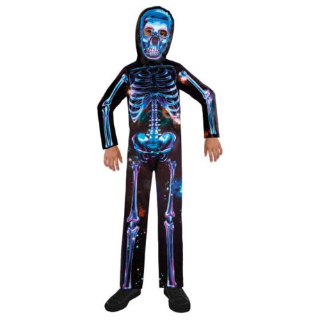 Vibrant neon skeleton jumpsuit for boys, featuring glow-in-the-dark design and fun headpiece, perfect for Halloween festivities.