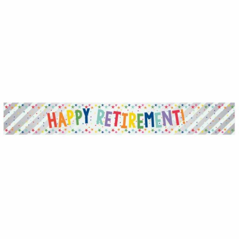 Vibrant 2.7m multi-coloured foil banner celebrating retirement, perfect for festive indoor or outdoor decorations.