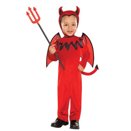 Toddler devil costume featuring red jumpsuit, attached tail, hood with horns, and wings for playful Halloween fun.