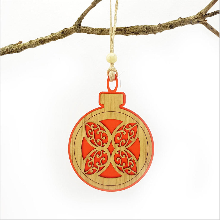 Red satin acrylic hanging ornament featuring a delicate flower design, perfect for holiday decor and gift-giving.