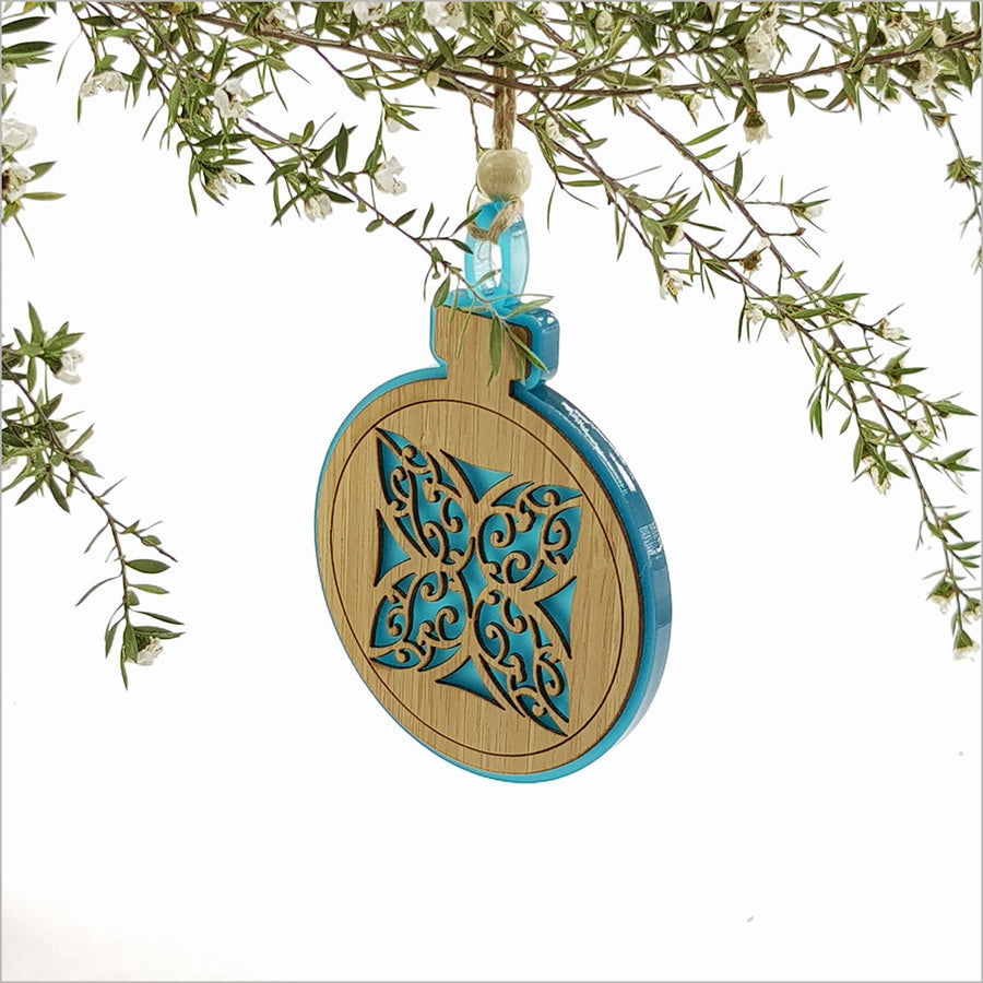 Teal satin acrylic hanging ornament featuring a Kww flower design, perfect for festive decor and gift giving.