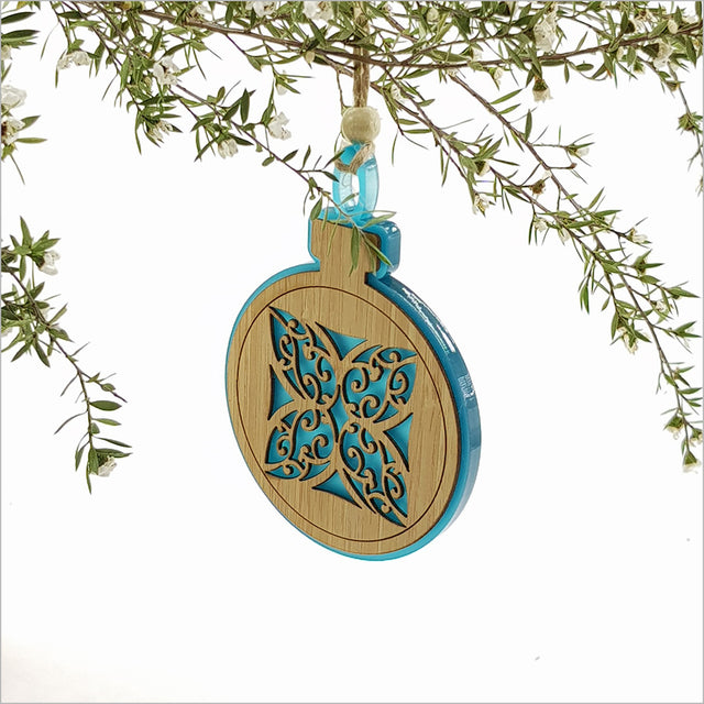 Teal satin acrylic hanging ornament featuring a Kww flower design, perfect for festive decor and gift giving.