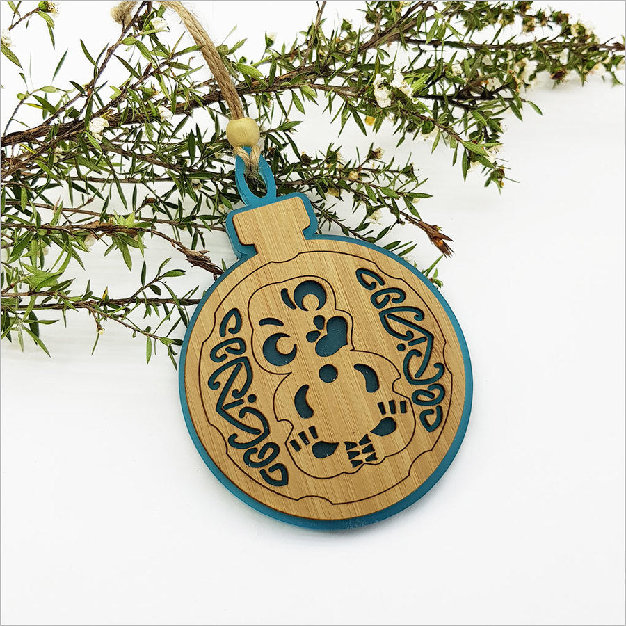 Teal bamboo hanging ornament in acrylic, featuring tropical charm, perfect for festive decor or unique gifts.