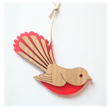 Bamboo fantail ornament with red satin acrylic, perfect for holiday decor or as a unique gift, measuring 126mm x 90mm.