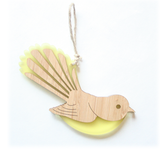 Hanging Fantail ornament in bamboo and yellow satin acrylic, featuring a laser-cut design, perfect for home decor.