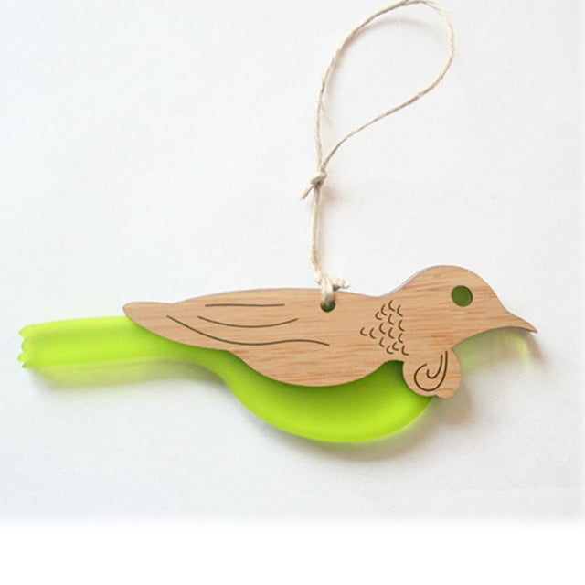 Hanging ornament featuring eco-friendly bamboo and vibrant lime green satin acrylic, ideal for holiday decor and gifting.
