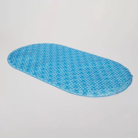 Oblong blue PVC bath mat with non-slip grip and suction technology for safety in the bathroom.