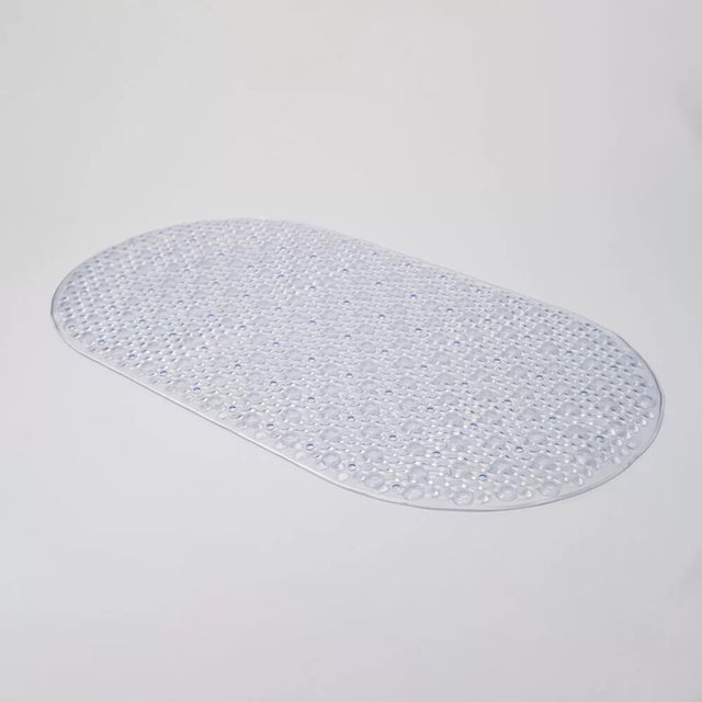 Clear PVC bath mat with non-slip surface and suction cups, measuring 69cm by 39cm for safety in the shower.