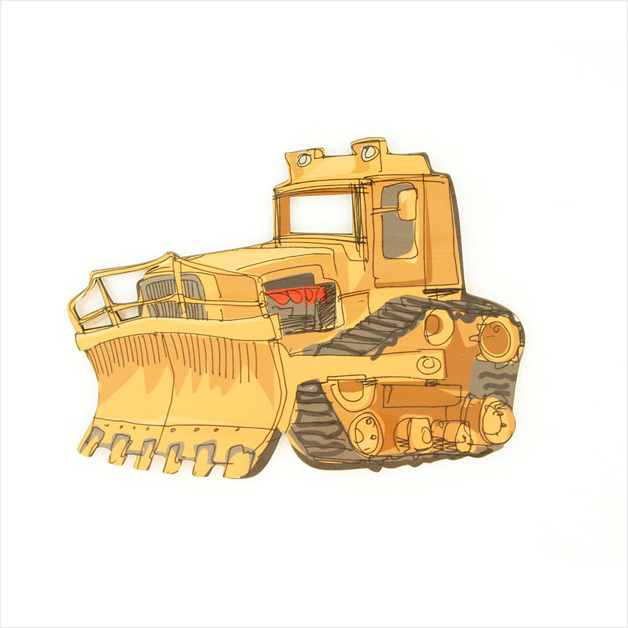 Colorful bulldozer wall art on eco-friendly pine veneer, perfect for inspiring creativity in kids' playrooms.