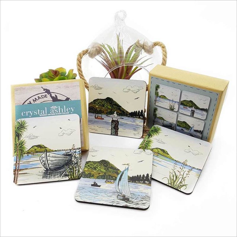 Stylish Mt Maunganui coasters set, featuring durable acrylic and cork base, perfect for protecting surfaces and enhancing decor.