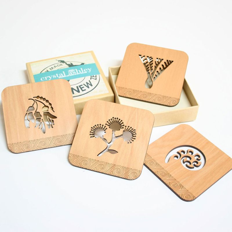 Rimu NZ Natives coasters feature stunning designs from New Zealand's flora, crafted from sustainable Rimu wood.