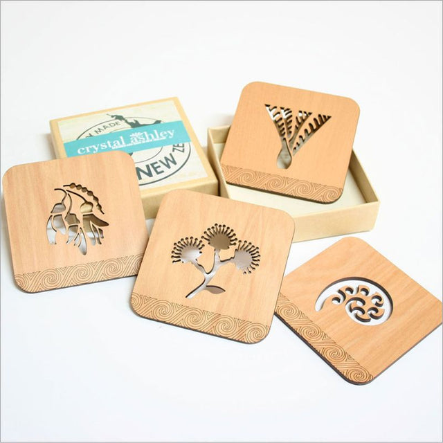 Rimu NZ Natives coasters featuring intricate designs from native flora, perfect for stylishly protecting surfaces.