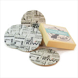 Round coasters with vintage newspaper design, cork base, 100mm diameter, stylish and functional home decor.