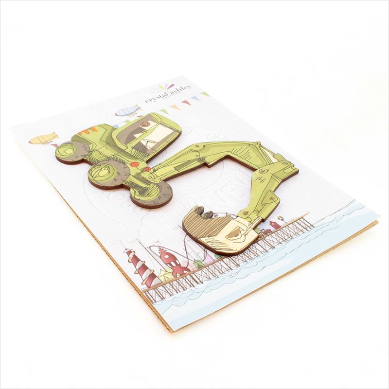 Vibrant excavator wall art made of eco-friendly pine veneer, perfect for inspiring creativity in kids' rooms.