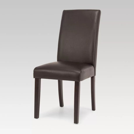 Elegant dark brown dining chair with sturdy rubberwood legs, high-back design, and easy-care PU upholstery for comfort.