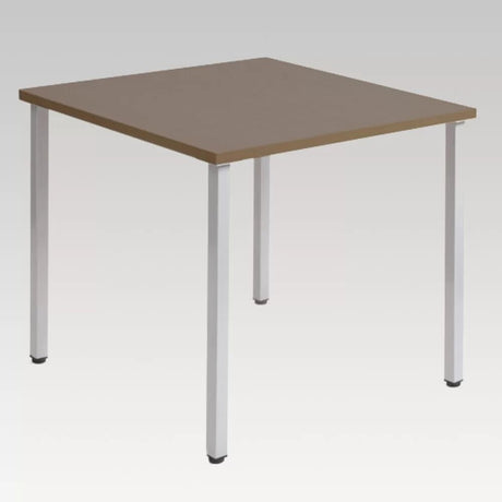 Dark oak dining table with sturdy steel legs, 1800x800mm, heat and water-resistant, ideal for home or conference use.