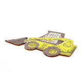 Vibrant skid loader wall art on eco-friendly pine, perfect for inspiring creativity in children's rooms.