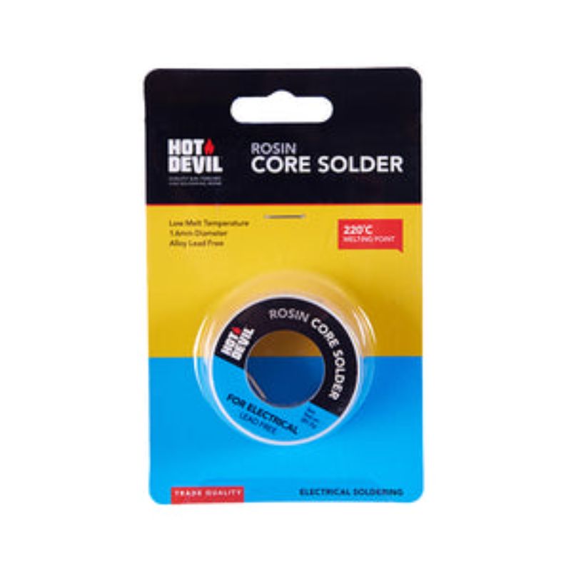 Hot Devil Rosin Core Solder in 85gm, 1.6mm diameter, lead-free, ideal for precise electrical soldering.