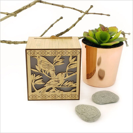 LED Tealight Candle Box - Huia features a bamboo veneer design with LED colors, ideal for stylish, safe ambiance anywhere.