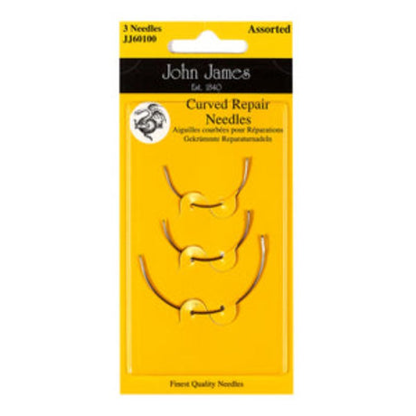 3-piece John James repair kit featuring high-quality curved needles for smooth sewing and efficient mending tasks.