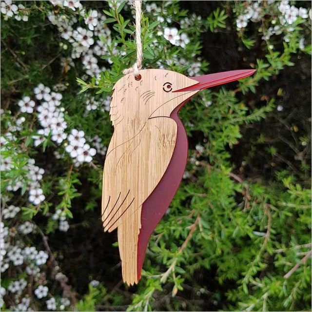 Vibrant kingfisher ornament made of laser-cut bamboo and red ice acrylic, ready to hang and perfect for decor or gifting.