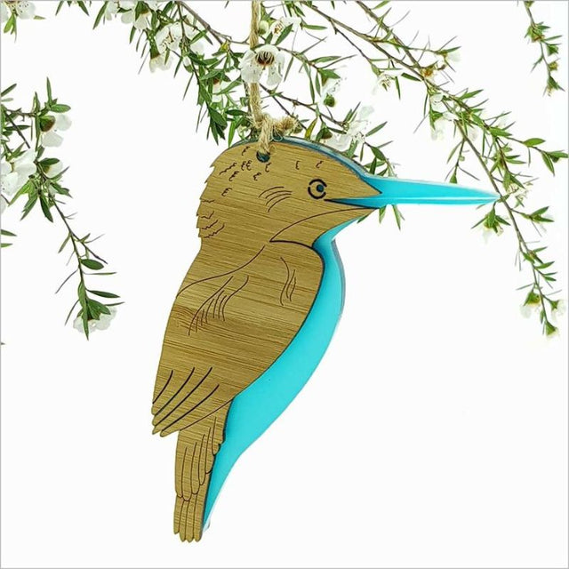 Hanging kingfisher ornament made from laser-cut bamboo and teal acrylic, perfect for home decor or as a gift.