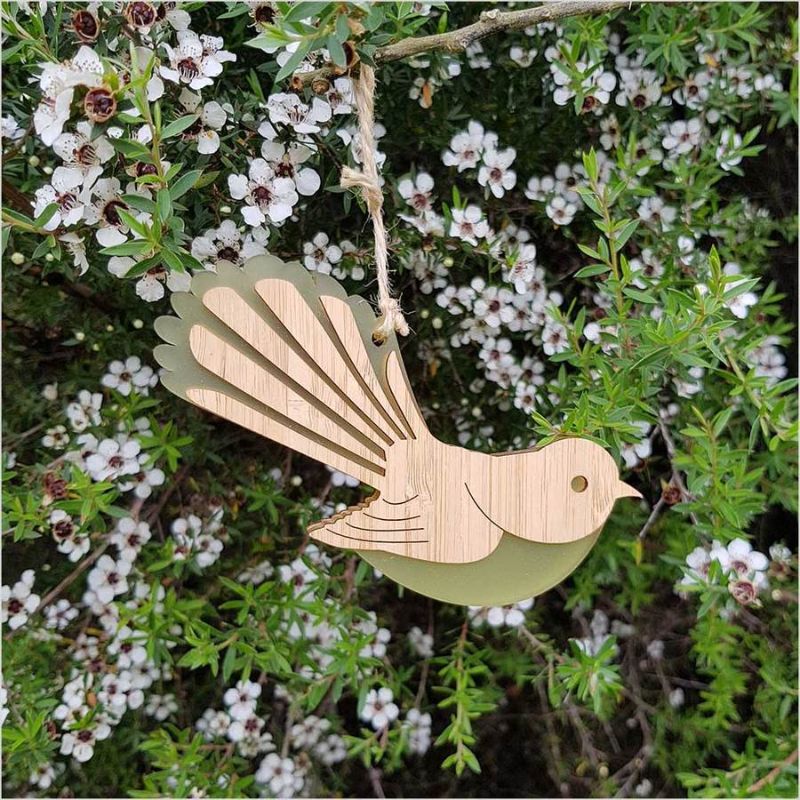 Vibrant yellow satin acrylic and bamboo hanging ornament featuring a laser-cut Fantail design for eco-friendly decor.
