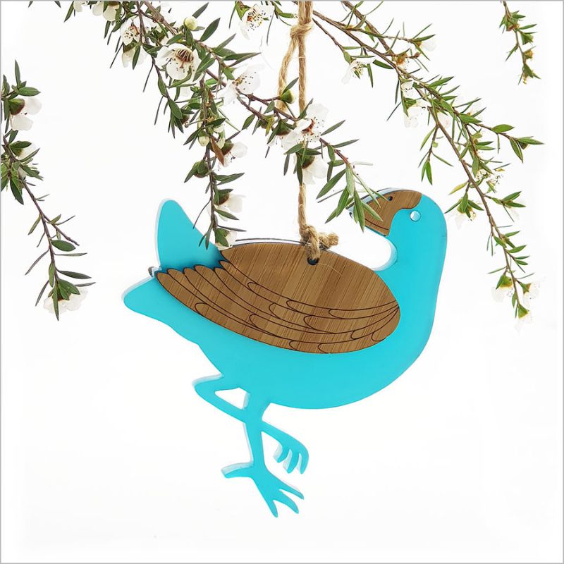 Vibrant teal satin acrylic Pukeko ornament from bamboo, perfect for home decor or as a thoughtful gift, ready to hang.