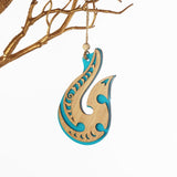 Teal satin acrylic hanging ornament with bamboo, elegant design, 70mm x 120mm, ready to hang, perfect home decor gift.