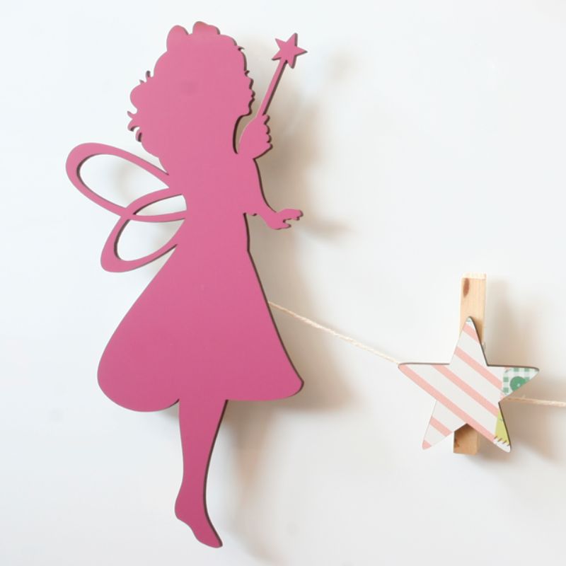 Whimsical fairy-themed pegs for hanging kids' art, photos, or letters, perfect for creative decor in any child's space.