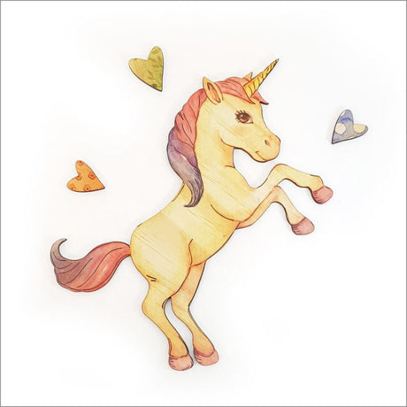 Eco-friendly pine wall art featuring a rearing unicorn, measuring 24.5 cm, perfect for children's rooms and whimsical decor.