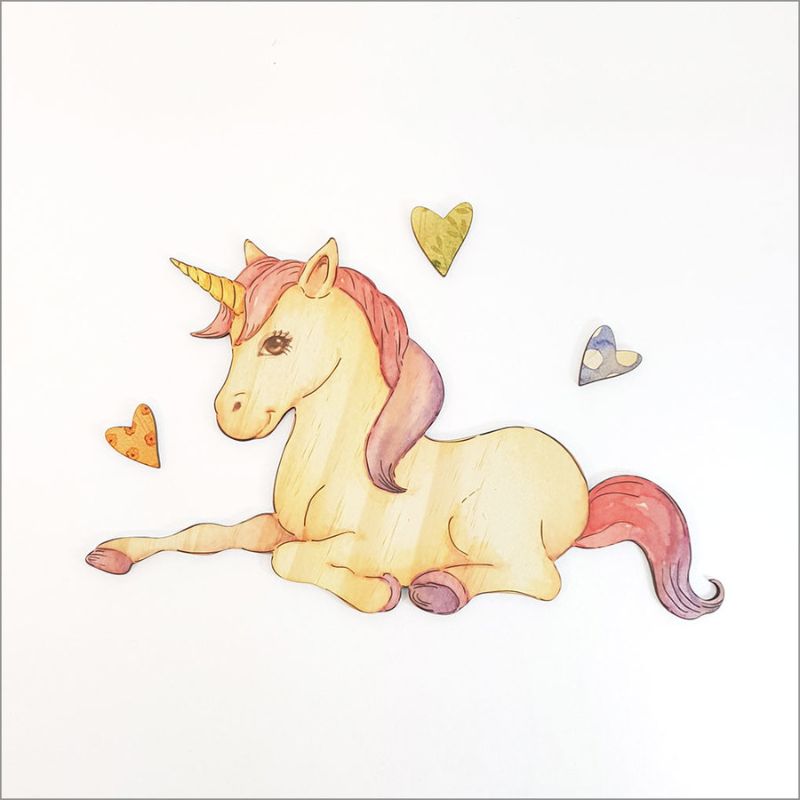 Pine wall art featuring a whimsical unicorn design, measuring 29cm, made from eco-friendly pine veneer. Perfect for kids' rooms.